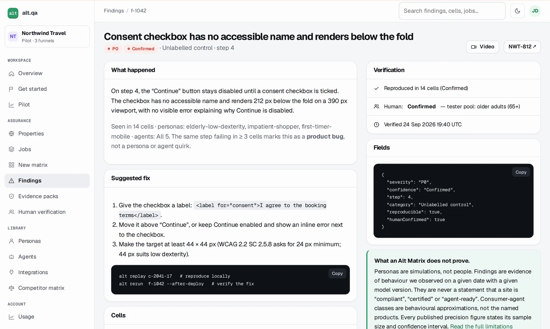 A Confirmed finding: consent checkbox has no accessible name, reproduced in 14 cells, with a suggested fix.
